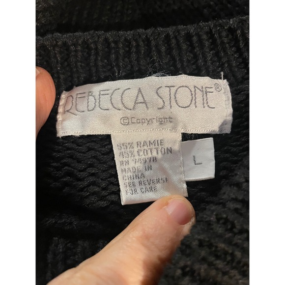 Vintage Sweater Rebecca Stone Black Pearl Embroidered Floral 90s Large - Picture 5 of 6